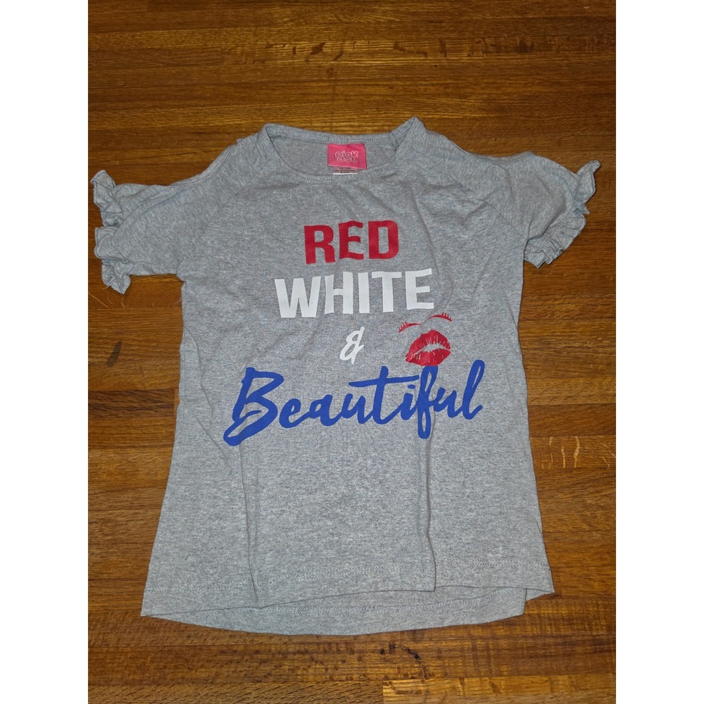 Pink Dot Girls Medium 10/12 Gray Red White & Beautiful Cold Shoulder Ruffle Top